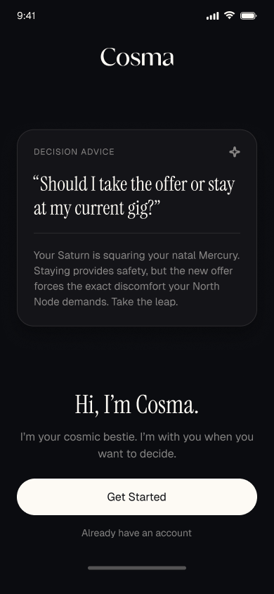 The Cosma app welcome screen